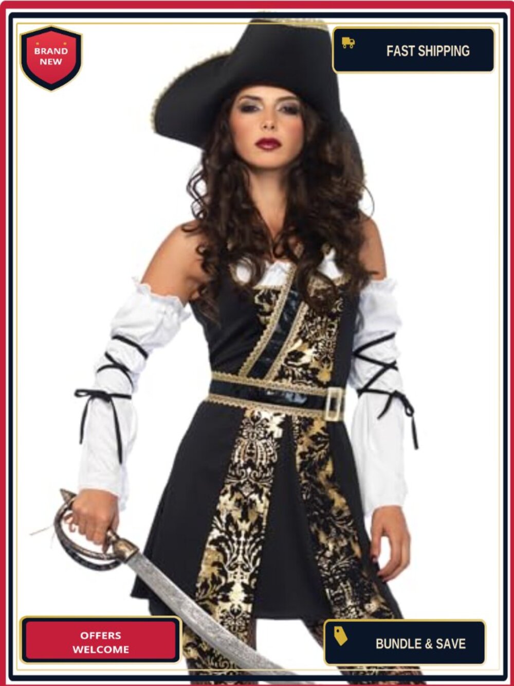 Womens Sea Buccaneer Sexy Pirate Costume with Gold Brocade Trim Dress